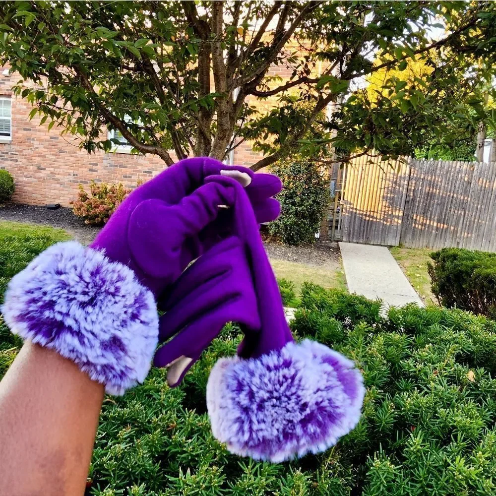Purple Faux Fur Trim Text Capability Statement Gloves.